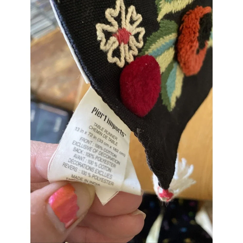Pier 1 PomPoms & Embroidered Tropical Birds Black Background 72